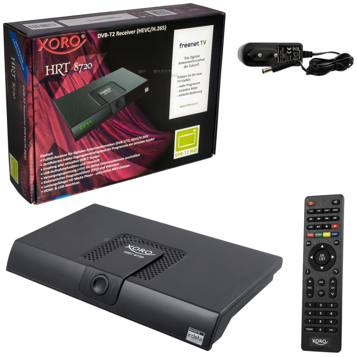PVR Ready USB Mediaplayer schwarz HDTV HDMI Kabel + aktive DVBT-2 Antenne netshop 25 Set: Xoro HRT 8720 KIT DVB-T2 Receiver 6 Monate FREENET TV 