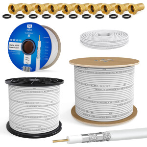 10m - 500m Coaxial cable HQ 135 dB 4-fold shielded steel copper white + F-plug