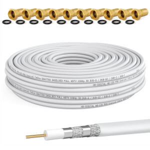 30m coaxial cable HQ 135 dB 4-fold shielded steel copper white + 10 F-plugs