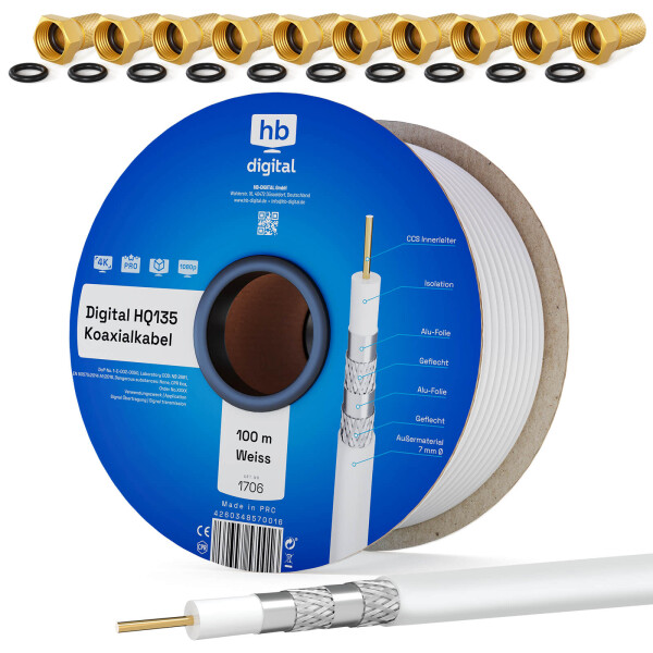 100m coaxial cable HQ 135 dB 4-fold shielded steel copper white + 10 F-plugs
