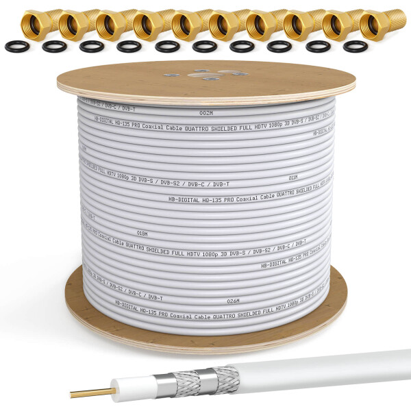 500m coaxial cable HQ 135 dB 4-fold shielded steel copper white + 100 F-plug