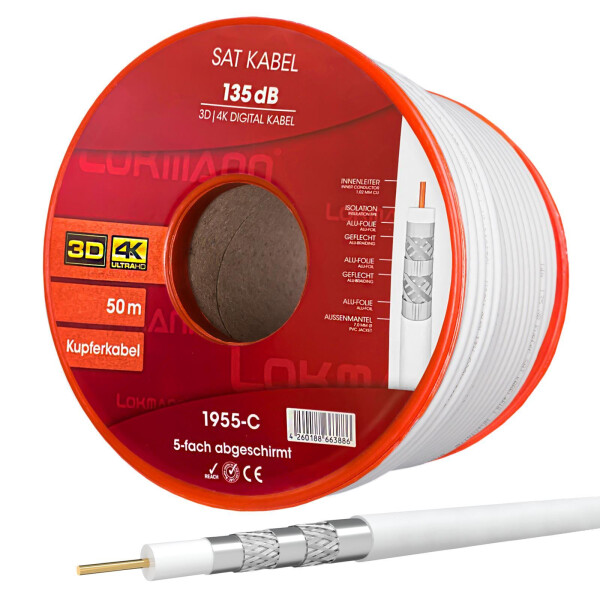 50m Coaxial cable 135 dB 5-fold shielded Pure copper white