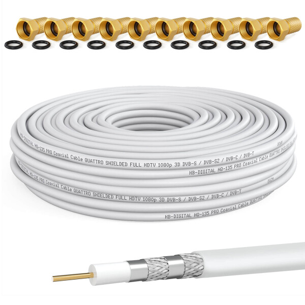 50m coaxial cable HQ 135 dB 4-fold shielded steel copper white + 10 F-plugs