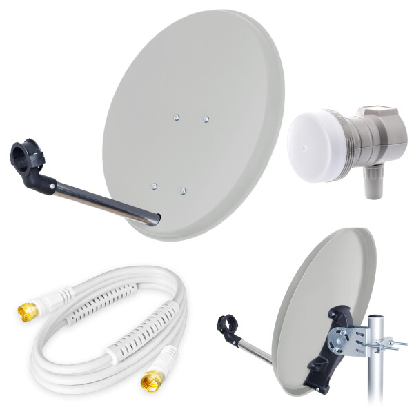 SET Satellite dish 40cm steel light grey + Single LNB Fuba DEK 106 + 15m connection cable white