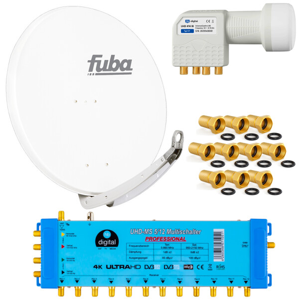 Satellite system SET Satellite dish Fuba DAA 850 85cm Aluminium pure white with Multiswitch MS 5/12 incl. LNB Quattro hb-digital UHD 414 W