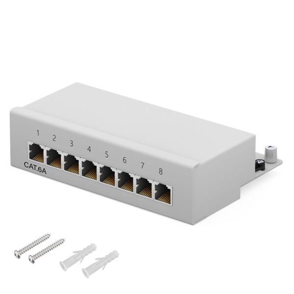 Patch panel / patch field 8-port CAT.6a hb-digital for network cable LAN laying cable, STP LIGHT GREY