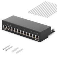 Patch panel / patch field 12-port CAT.6 hb-digital for network cable LAN laying cable, STP BLACK