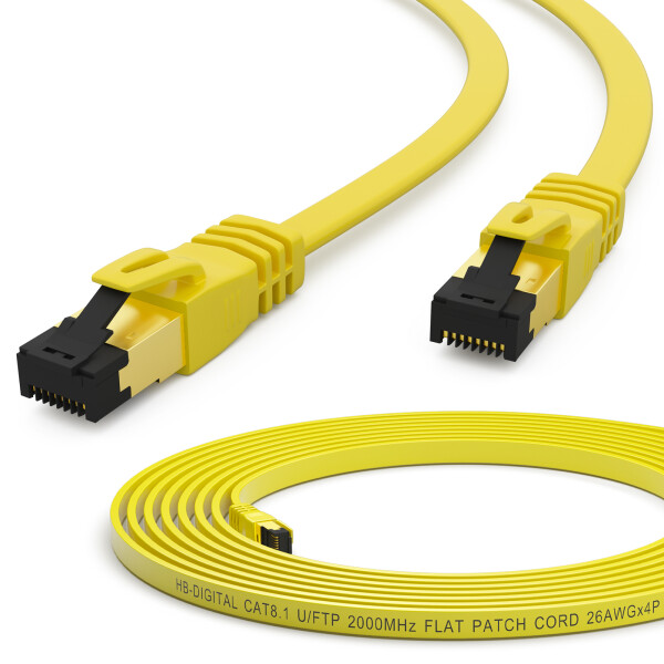 10m LAN cable CAT 8.1 patch cord flat U/FTP LSZH RJ45 40Gbps 2000 MHz pure copper yellow
