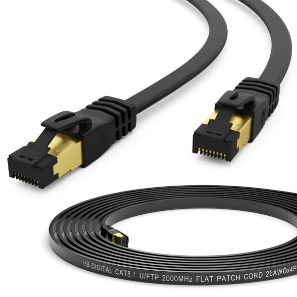 10m LAN Kabel CAT 8.1 Patchkabel flach U/FTP LSZH RJ45 40Gbps 2000 MHz Reines Kupfer schwarz