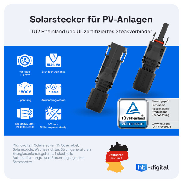 Solar-Verlängerungskabel-Paar 3 M – 10 AWG, Schwarz+rot, Mit 2 PV-Steckern, TÜV-zertifiziert, Für Außenbereich