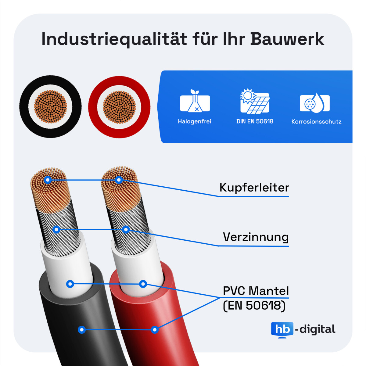 HB-DIGITAL 1m Solarkabel 4mm² Verlängerungskabel – inkl. 0% MwSt. gem. § 12 Abs. 3 UStG – PV Kabel Solarstecker UV-beständig für Photovoltaik Anlage IP68 - Rot