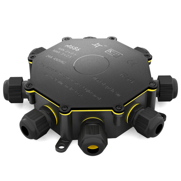 Wasserdichte Abzweigdose IP68 - 2 Wege, Schwarz, Für Garten & Außenbereich