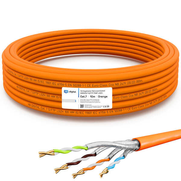 10m Ethernet Network Cable CAT 7 LAN Cable max. 1000 MHz S/FTP AWG23 LSZH orange