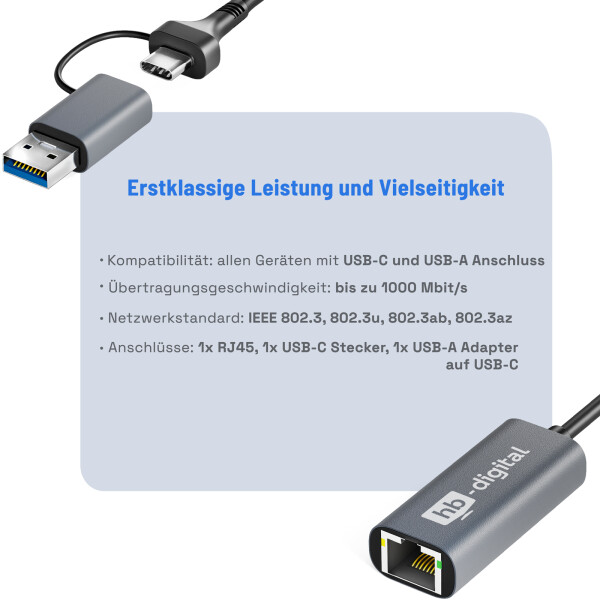 Adaptateur USB 3.1 Type-C vers Ethernet RJ45 100/1000 Mbps avec Hub USB 3 Ports pour PC Ordinateur Portable Macbook