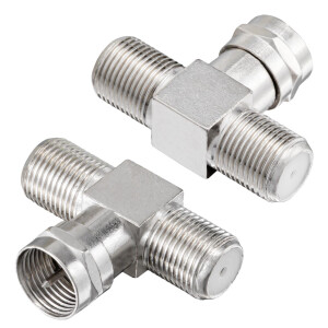 T-piece adapter 1x F-plug to 2x f-couplings silver