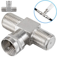 T-piece adapter 1x F-plug to 2x f-couplings silver