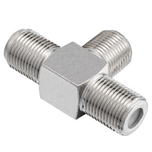 T-piece adapter 1x F-coupling to 2x f-couplings silver