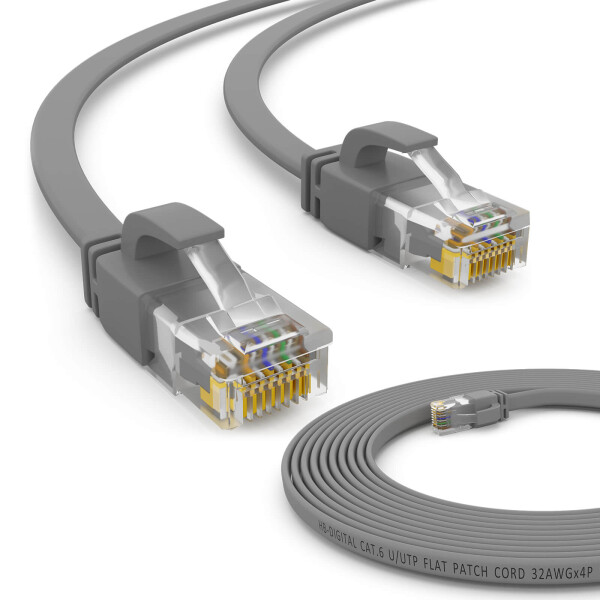 1m RJ45 Patch Cable CAT 6, up to 1000Mbit/s transmission speed, without shearing U/UTP, PVC Flat Grey