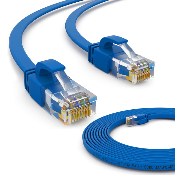 3m RJ45 Patch Cable CAT 6, up to 1000Mbit/s transmission speed, without shearing U/UTP, PVC Flat Blue
