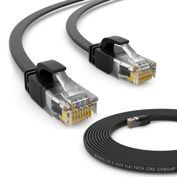 10m RJ45 Patch Cable CAT 6, up to 1000Mbit/s transmission speed, without shearing U/UTP, PVC Flat Black