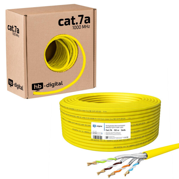 50m network cable CAT 7a installation cable max. 1200 MHz S/FTP AWG23 LSZH yellow