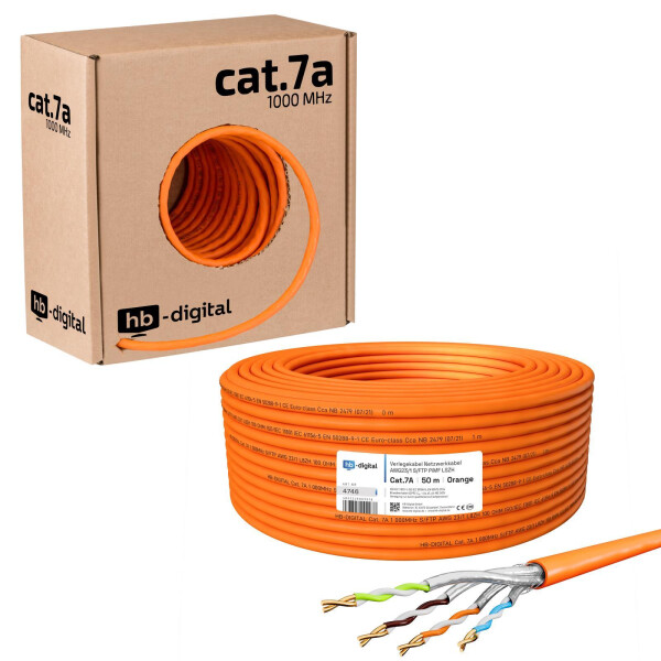 50m network cable CAT 7a installation cable max. 1200 MHz S/FTP AWG23 LSZH orange