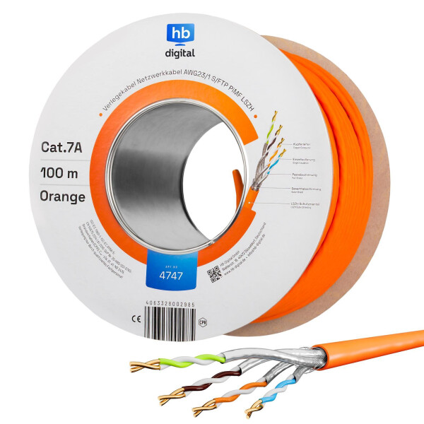25m - 500m network cable CAT 7a installation cable max. 1200 MHz S/FTP AWG23 LSZH ORANGE 100m