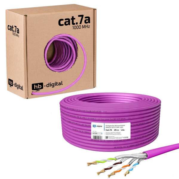 25m Netzwerkkabel CAT 7a Installationskabel max. 1200 MHz S/FTP AWG23 LSZH lila