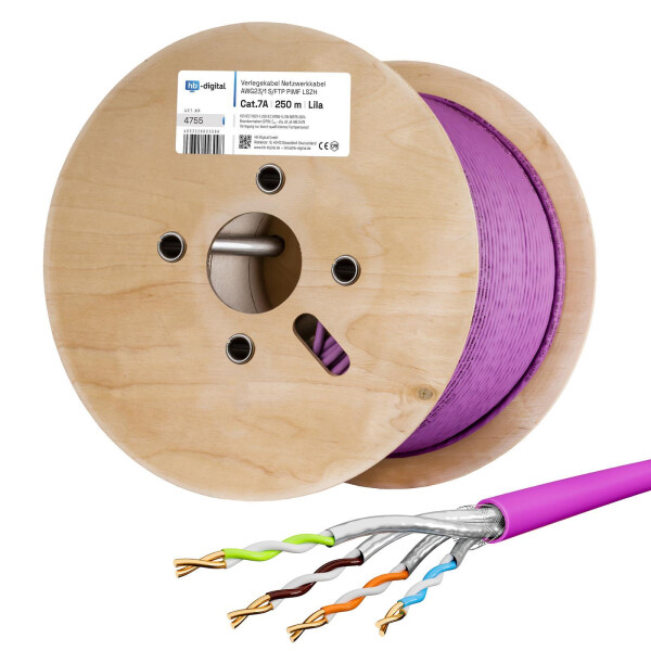 250m network cable CAT 7a installation cable max. 1200 MHz S/FTP AWG23 LSZH purple