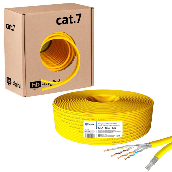 50m Verlegekabel Netzwerkkabel CAT 7 Duplex  max. 1000 MHz S/FTP LSZH AWG23 (2x8 Adern) gelb
