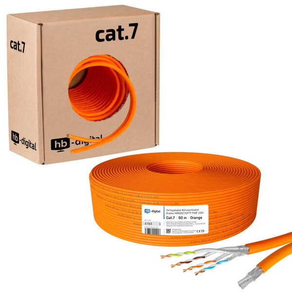 50m Verlegekabel Netzwerk CAT 7 Duplex  max. 1000 MHz S/FTP LSZH AWG23 (2x8 Adern) orange