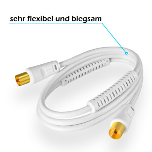 1 m antenna cable 100 dB 2-fold shielded with IEC plug to IEC socket gold-plated with 2 x ferrite core WHITE