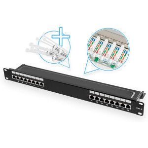 Patch panel 19 inch / patch panel 16-port CAT.6 LSA for CAT.6 / CAT.5e / CAT.5 installation cable STP black