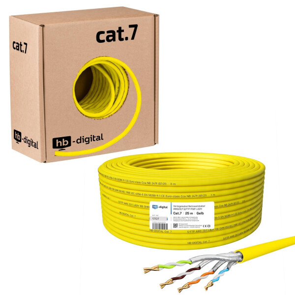 25m Ethernet Network Cable CAT 7 LAN Cable max. 1000 MHz S/FTP AWG23 LSZH Yellow