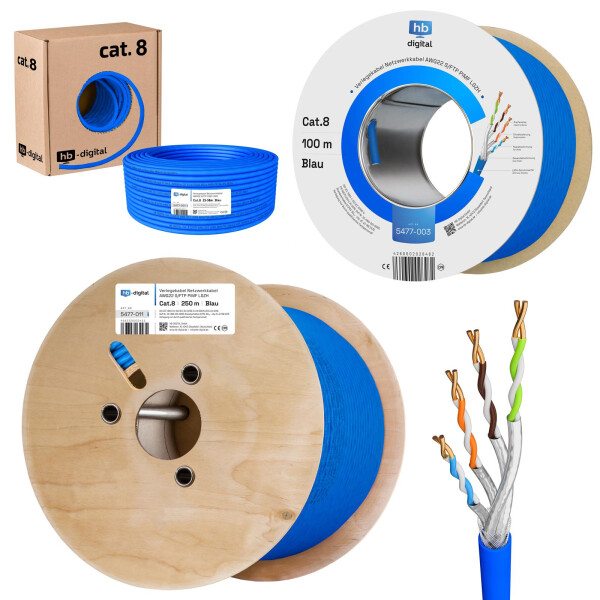5 m - 100 m Ethernet Network Cable CAT 8 LAN Cable max. 2000 MHz S/FTP LSZH AWG22/1 BLUE