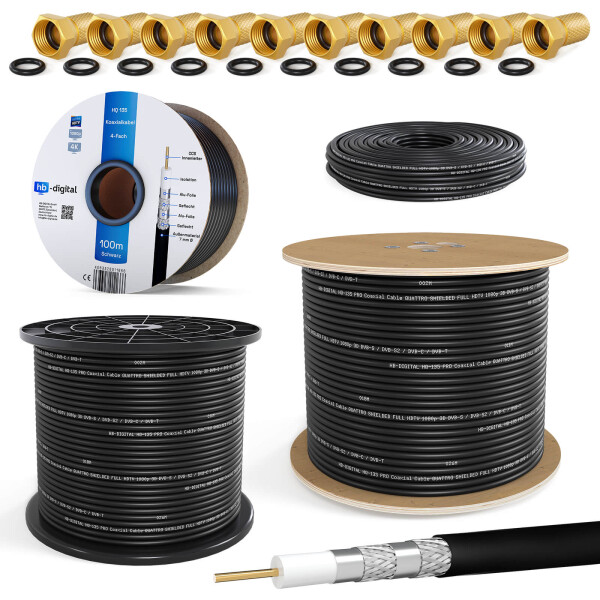 10 m - 500 m coaxial cable HQ 135 dB 4-fold steel copper BLACK + F-connector