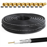 50m coaxial cable HQ 135 dB 4-fold shielded steel copper black + 10 F-plugs