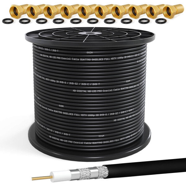 250m coaxial cable HQ 135 dB 4-fold shielded steel copper black + 10 F-plugs